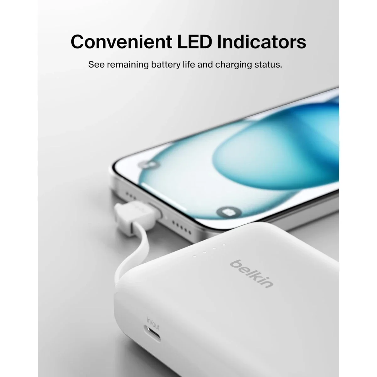 بطارية محمولة Belkin BoostCharge بسعة 10000mAh مع كابل USB-C مدمج وشحن PD بقدرة 20W - أبيض - Thumbnail 3