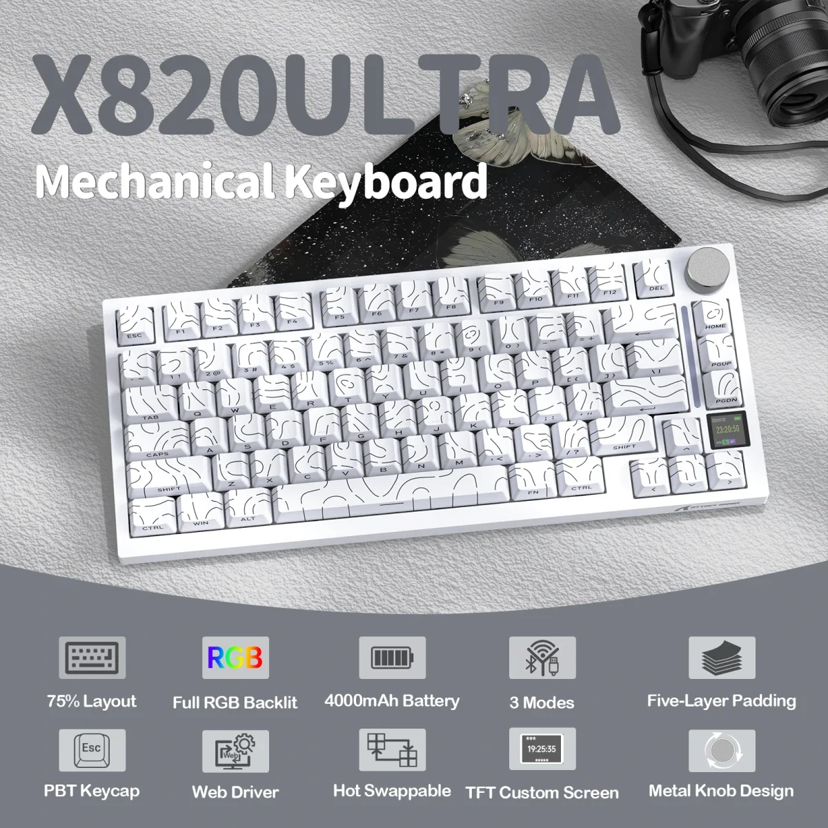 ATTACK SHARK X820 ULTRA Tri-Mode Mechanical Keyboard White Contours Gift Linear Switch - Thumbnail 3