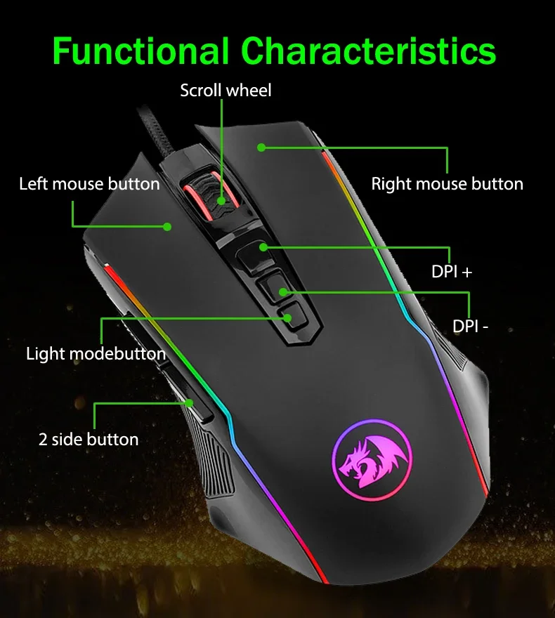 ماوس ألعاب سلكي Redragon M910 Ranger بإضاءة RGB ودقة 8000 DPI و9 أزرار قابلة للبرمجة - Thumbnail 7