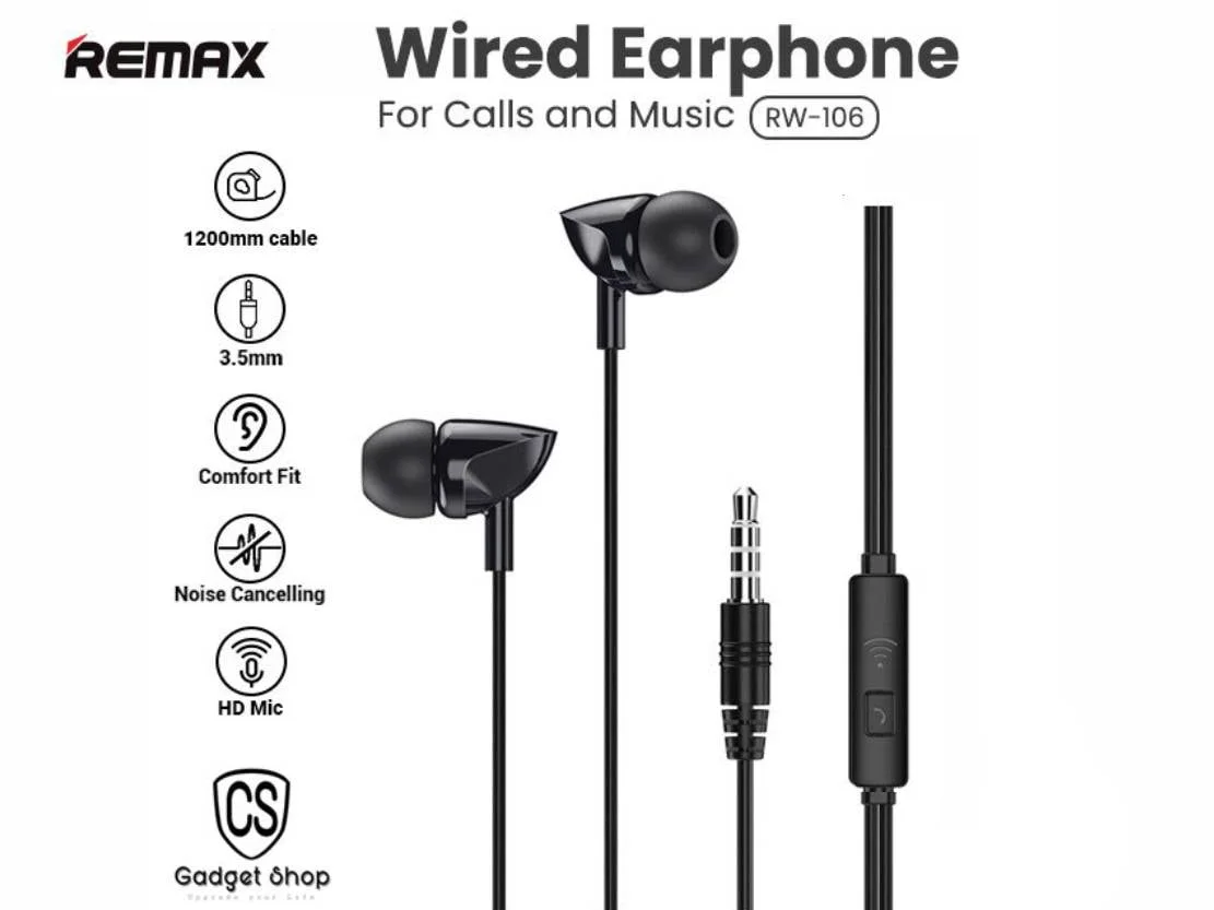 Remax RW-106 Wired In-Ear Earphones with HD Mic, 3.5mm Jack - Black - Image 3
