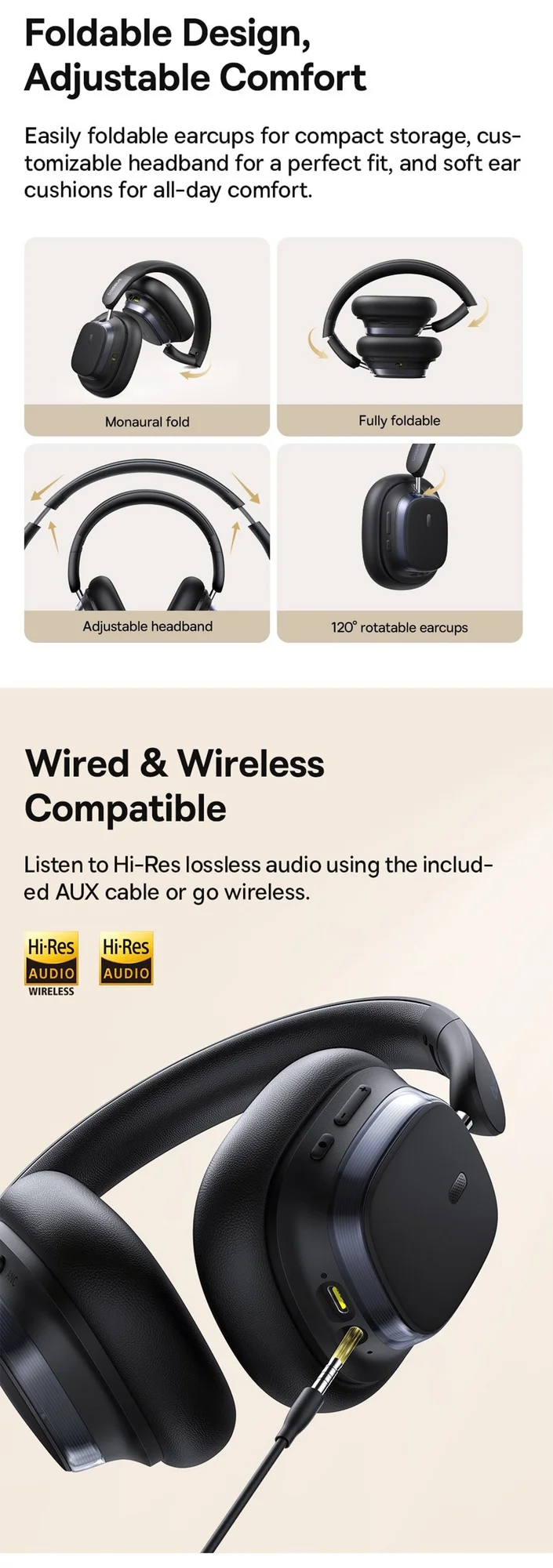 Baseus Bowie H1s Wireless Over-Ear Headphones with ANC, Bluetooth 5.4, 100H Battery - White - Thumbnail 14