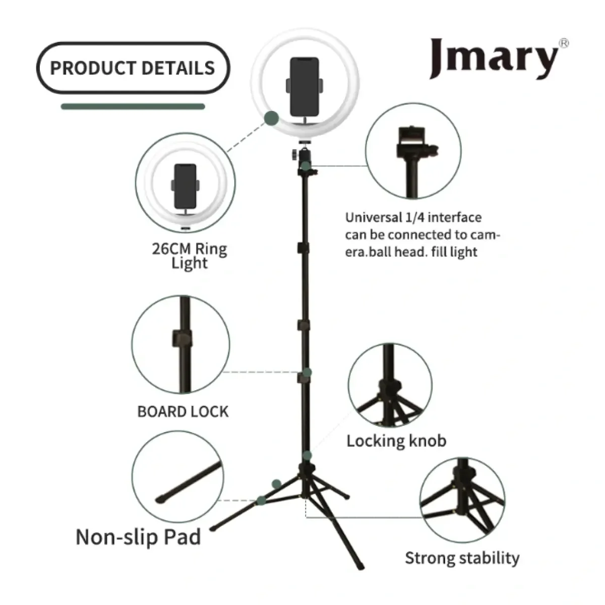طقم اضاءه دائري سيلفي Jmary FM-536A مقاس 10 انش مع حامل ثلاثي وجهاز تحكم