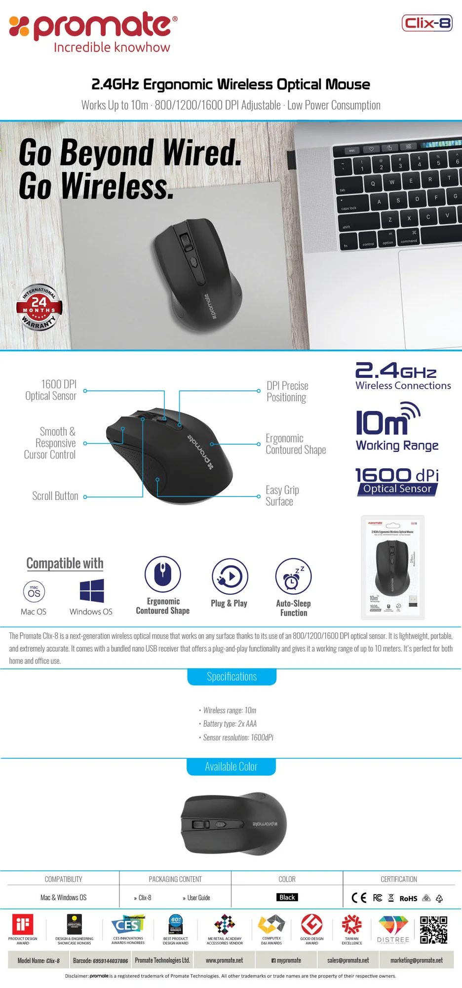 Promate CLIX-8 Wireless Optical Mouse with USB Nano Receiver, 1600 DPI, 10m Range - Thumbnail 9