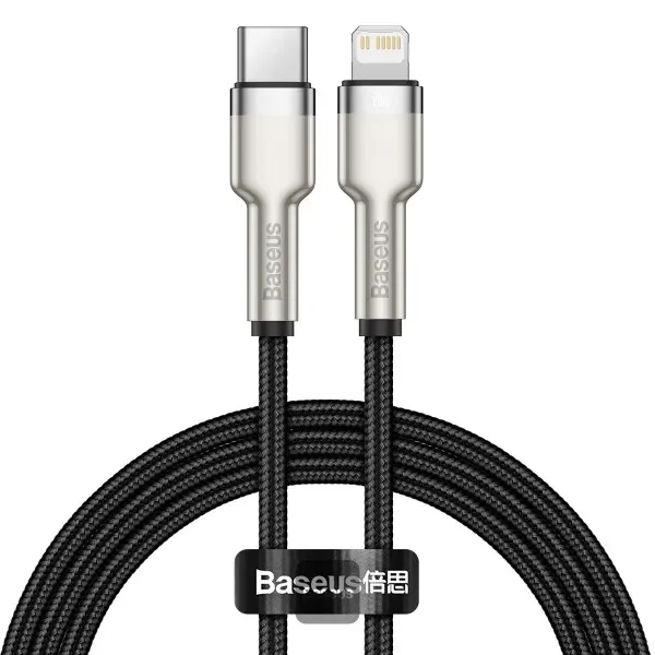 كيبل Baseus Cafule Series معدني USB إلى Lightning للشحن والبيانات PD 20W بطول 1م – أسود