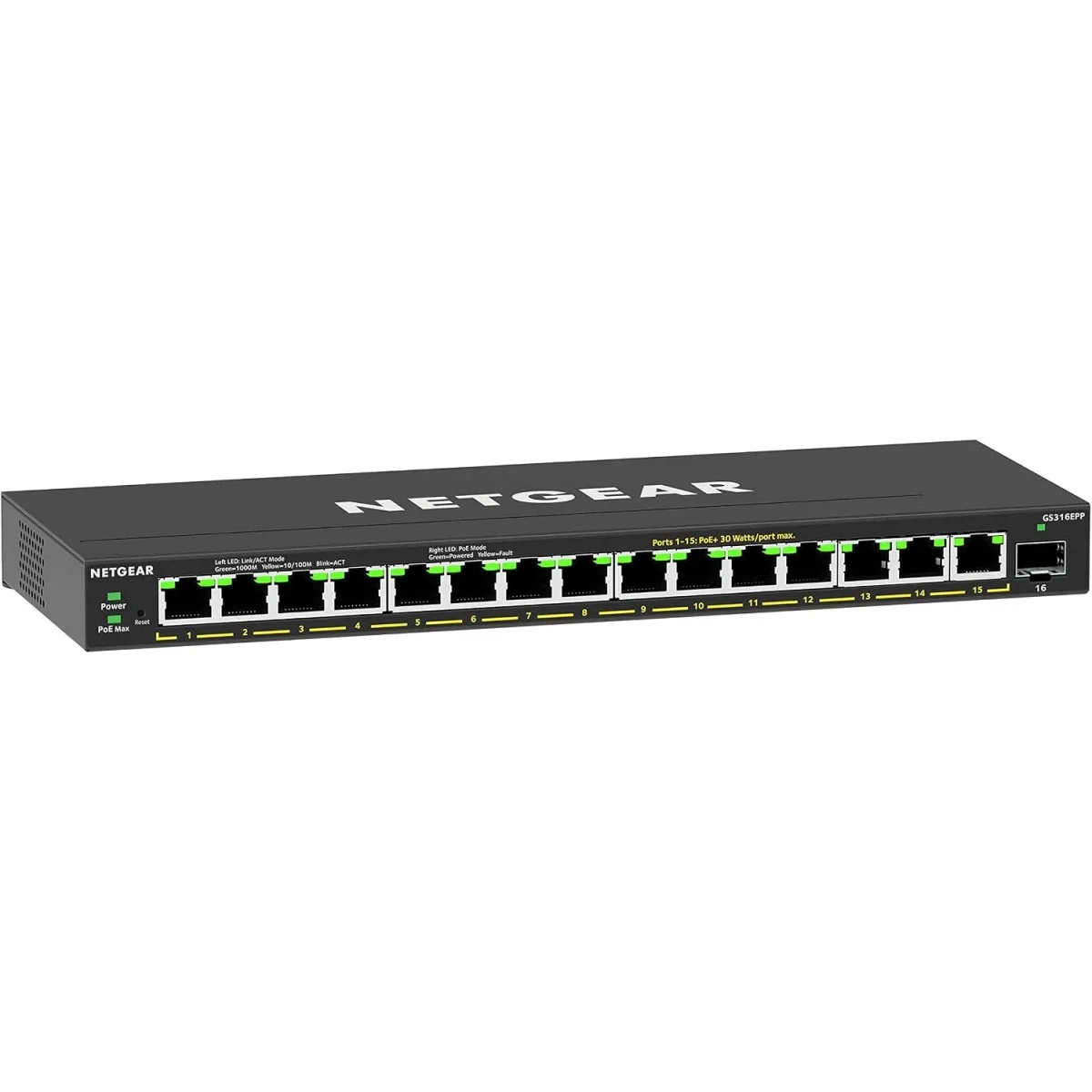 سويتش NETGEAR GS316EPP ذكي سهل الإدارة 16 منفذ جيجابت PoE+ مع SFP بسرعة 1G وقدرة 231W