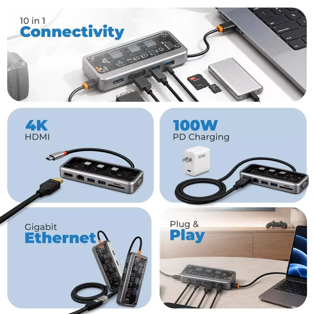 10-in-1 USB-C Hub Docking Station, HDMI 4K@30Hz, 100W Type-C PD, RJ45 Ethernet - Image 2