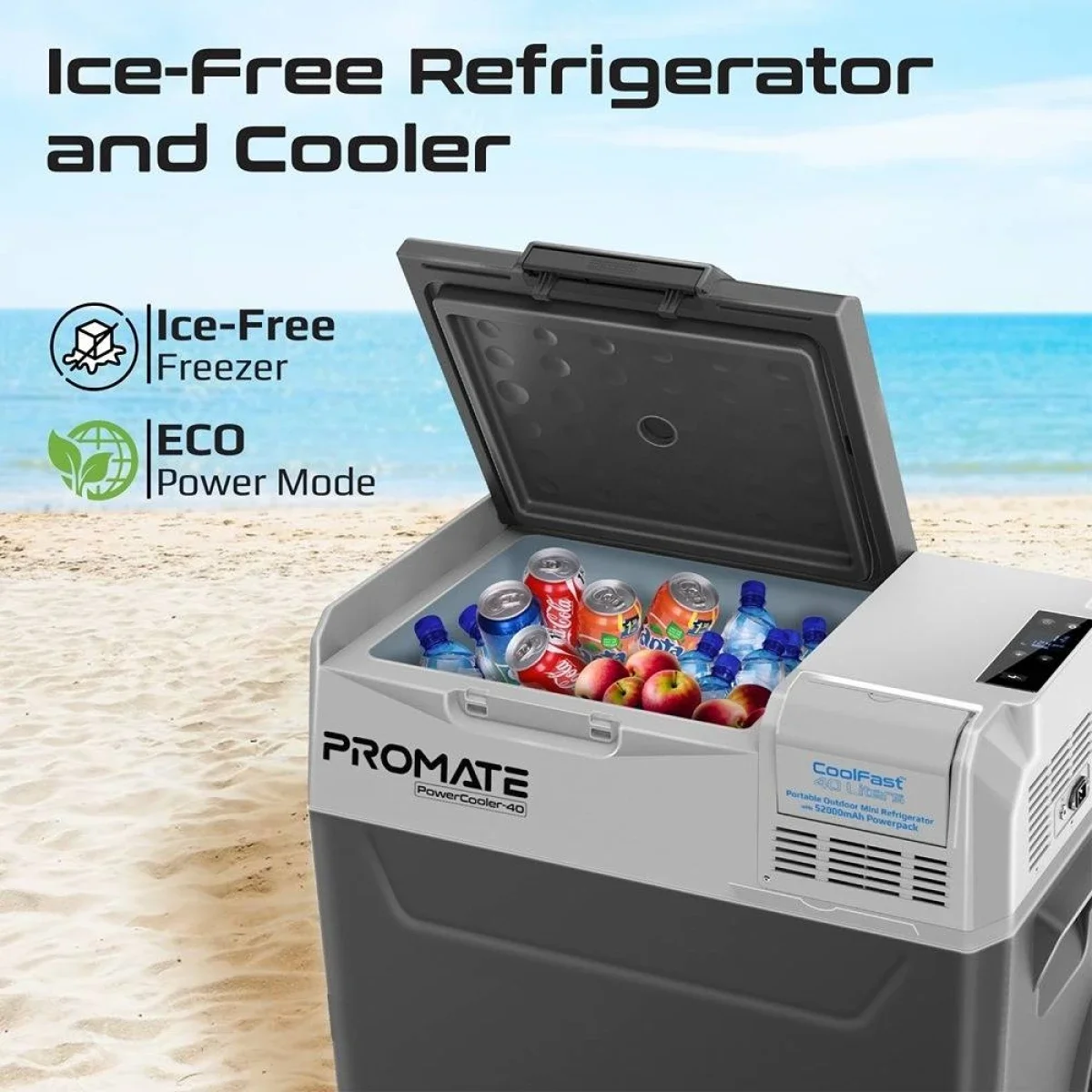 ثلاجه صغيره محموله خارجيه Promate PowerCooler-40 CoolFast سعه 40 لتر مع حزمه طاقه 52000mAh ومصباح LED، Gray/White