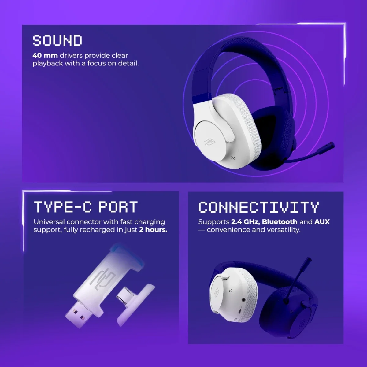 Proove Bliss Pro (APP) Wireless Gaming Headset, White, 2.4GHz, Bluetooth 5.4 & AUX - Thumbnail 2
