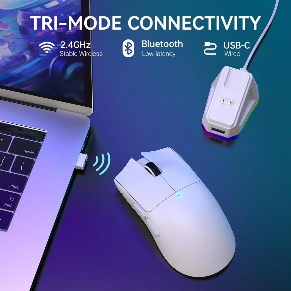 ماوس ألعاب خفيف ATTACK SHARK X11 لاسلكي ثلاثي الاتصال مع قاعدة شحن RGB ودقة 22K DPI، أبيض - Image 4