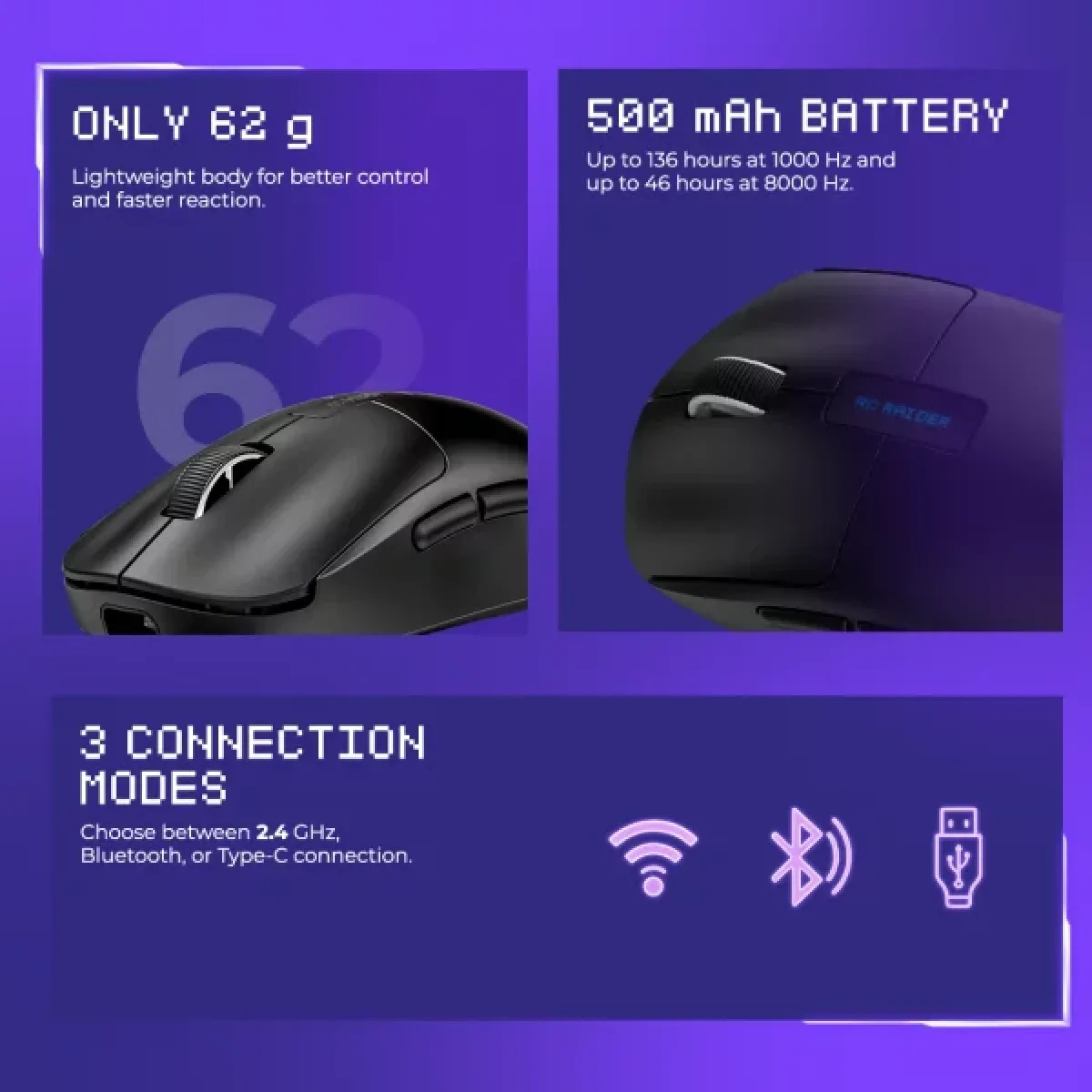 Proove RC Raider 8K Tri-Mode Wireless Gaming Mouse 32000 DPI White/Purple - Thumbnail 13