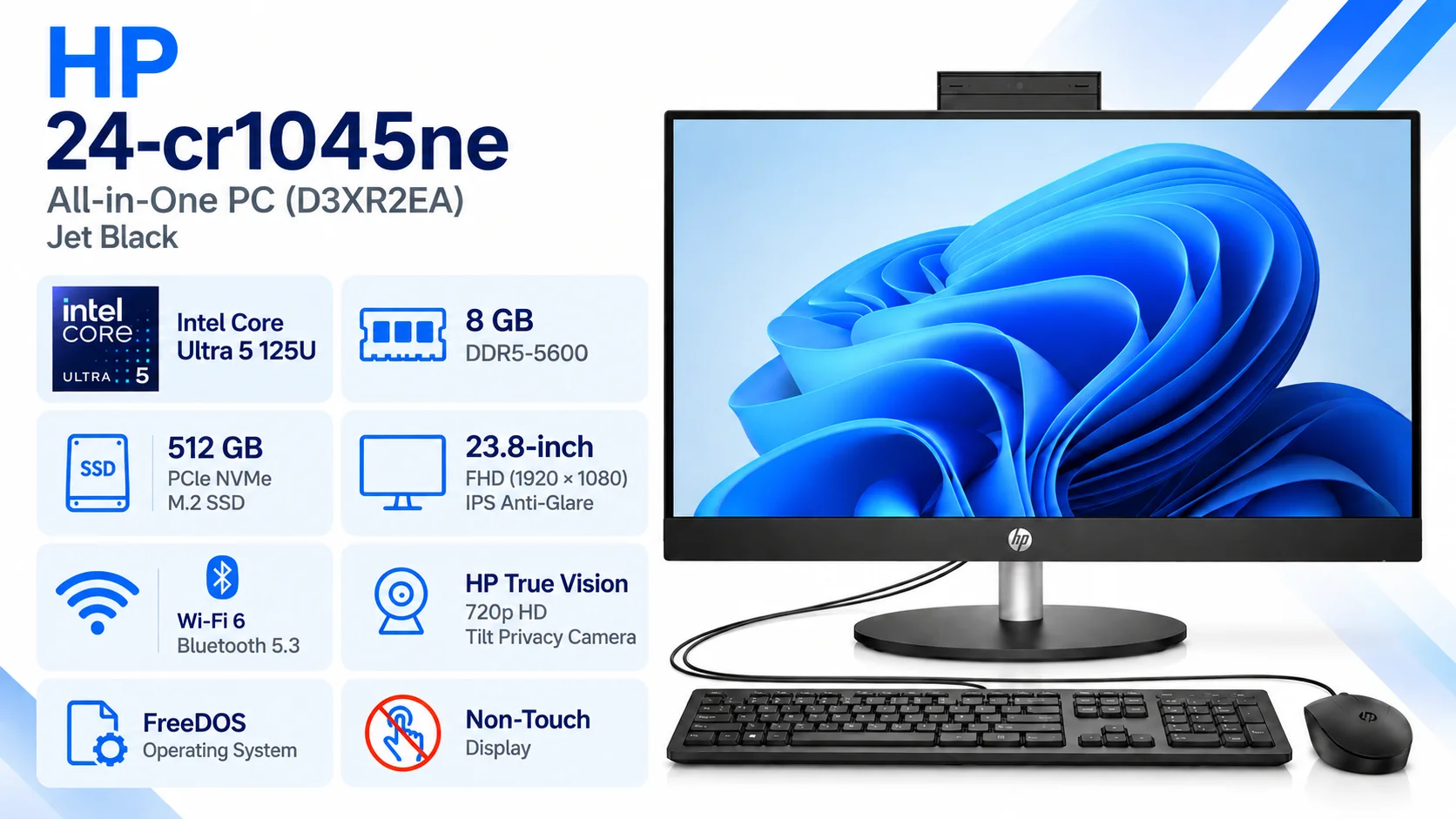 كمبيوتر مكتبي شامل HP 24-cr1045ne موديل 2025 بمعالج Core Ultra 5 ‏12 نواة، شاشة IPS ‏24 إنش Full HD بتغطية 99% sRGB، أسود - Thumbnail 11