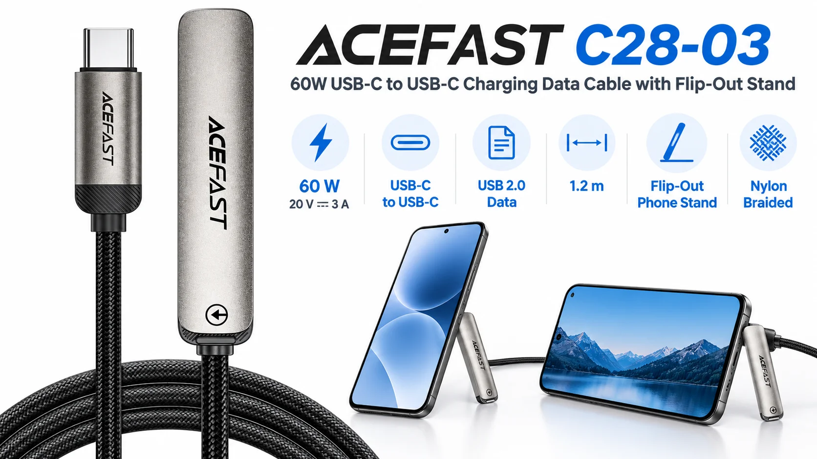 ACEFAST C28-03 60W USB-C to USB-C Charging & Data Cable with Flip-Out Stand, Metal Grey - Image 10