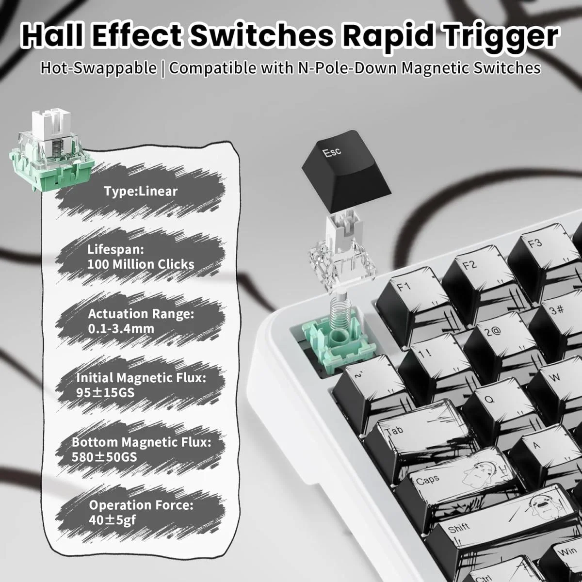 ATTACK SHARK Magnetic Gaming Keyboard, Tri-Mode Wireless, 8KHz, X82 PRO HE - Image 4