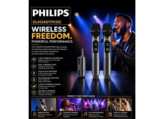 طقم ميكروفونات كاريوكي لاسلكية Philips DLM3401TP/00 مزدوجة، مدى 30 متر، حتى 12 ساعة