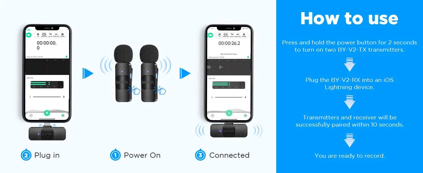 Boya BY-V2 2.4GHz Wireless Clip-On Microphone for iPhone & iPad - Black - Thumbnail 14