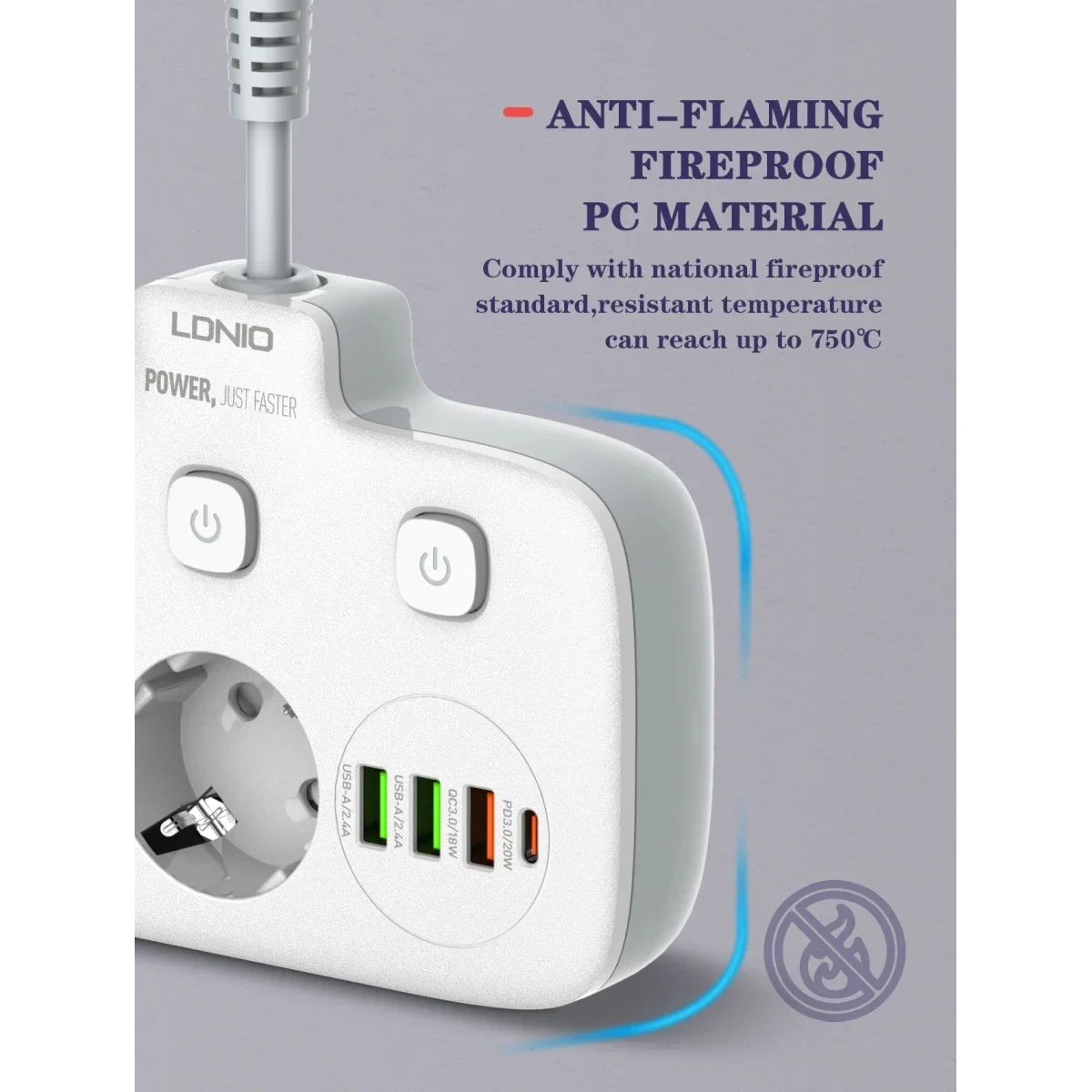 مشترك كهربائي محمول LDNIO SE2435 بمنفذين AC وشحن USB-C PD بقدرة 20W - أبيض - Thumbnail 5