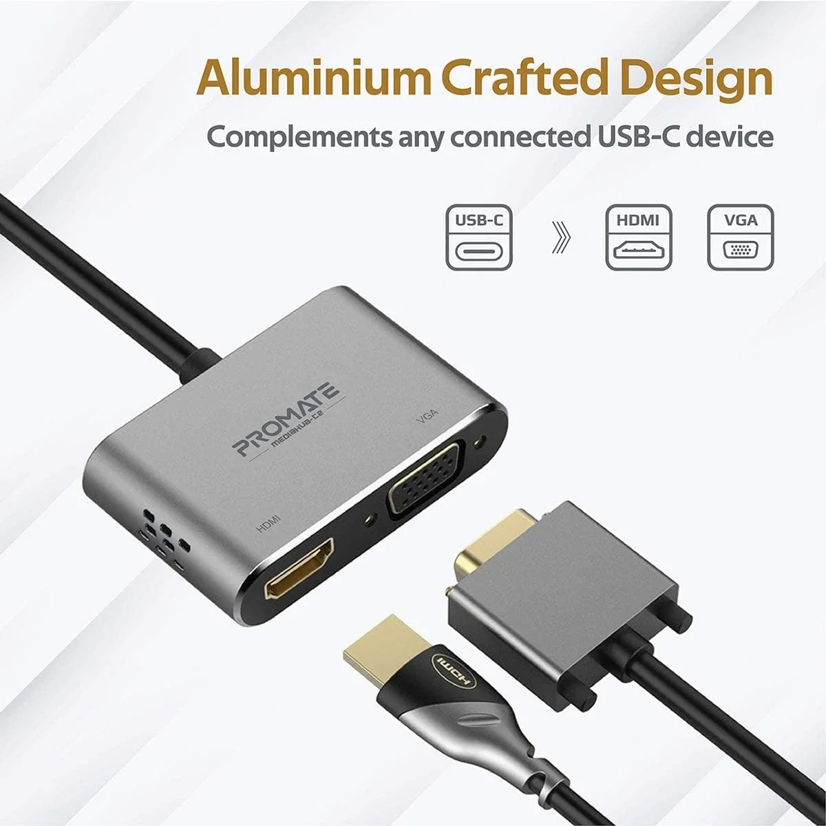 محول USB-C إلى HDMI وVGA من Promate MediaHub-C2 ألمنيوم بدقة 4K ودعم شاشتين - Thumbnail 6
