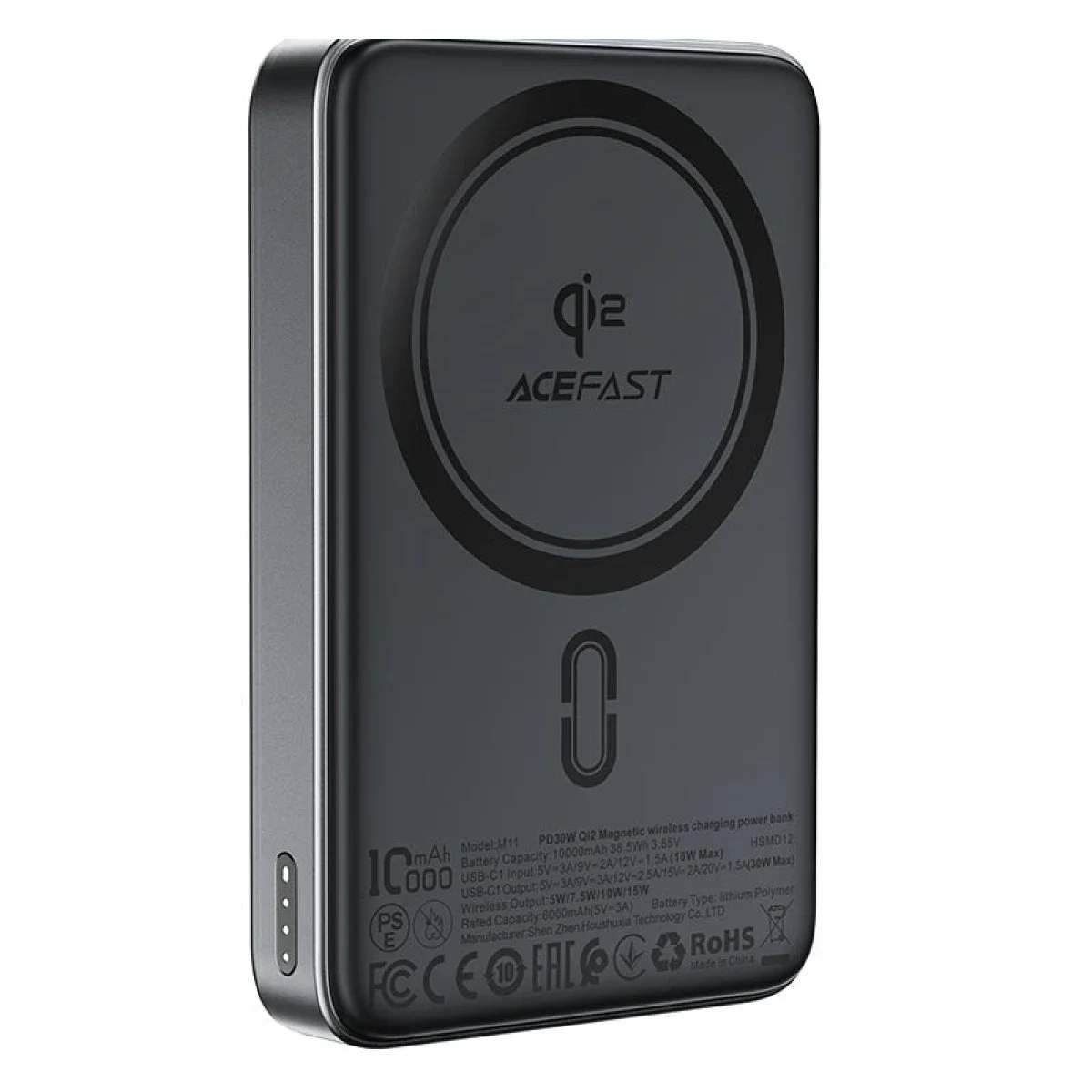 ACEFAST M11 10000mAh Qi2 15W Magnetic Wireless Power Bank with USB-C PD 30W - Black