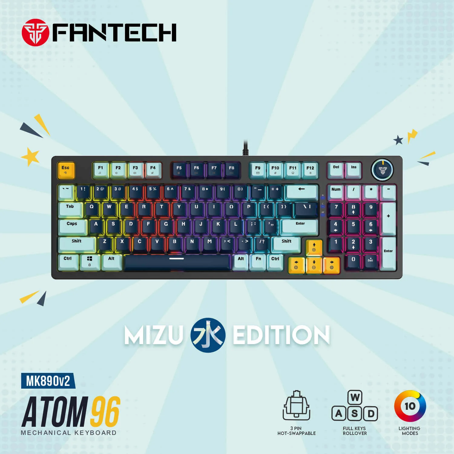 كيبورد ألعاب ميكانيكي سلكي Fantech ATOM96 MK890V2 - Mizu Series Navy Blue - Thumbnail 3