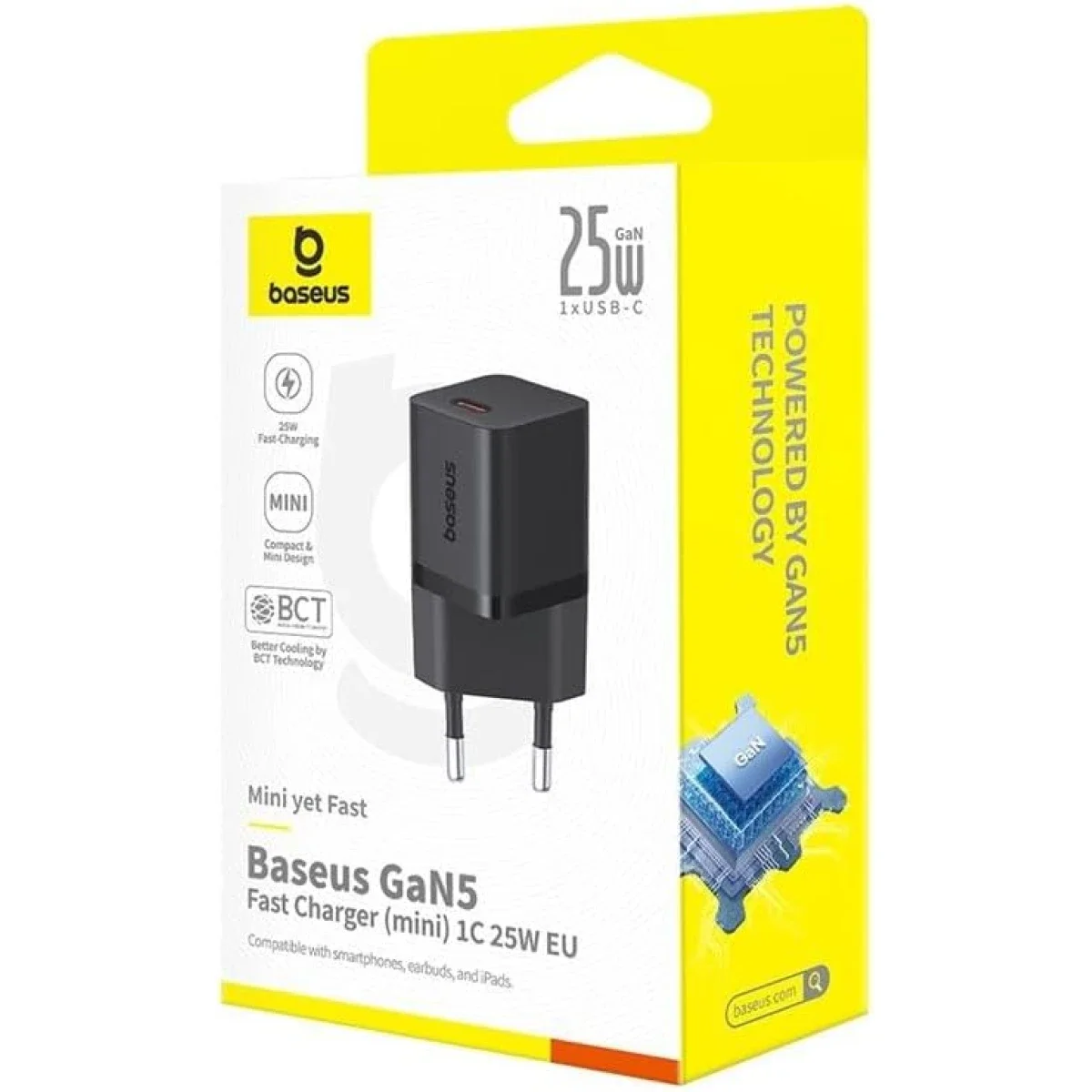 شاحن جداري سريع Baseus GaN5 Mini بقدرة 25 واط ومنفذ USB-C مع PPS وPD 3.0 وQC 3.0 - أسود - Image 5