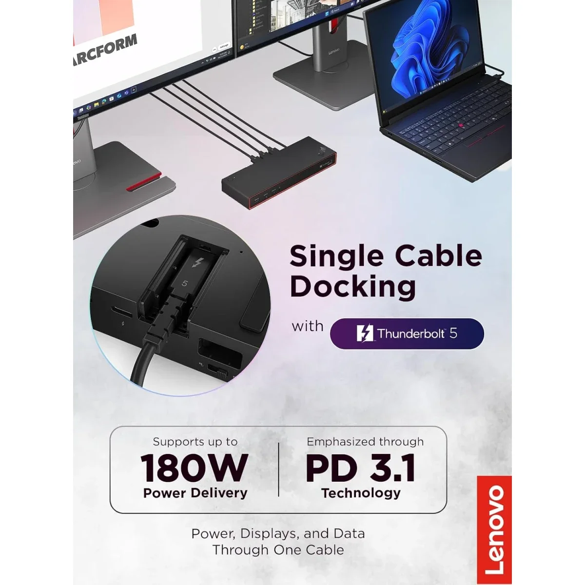محطة إرساء Lenovo ThinkPad Thunderbolt 5 Smart Dock 7500 بسرعة 120Gbps وقدرة 180W أسود - Image 2