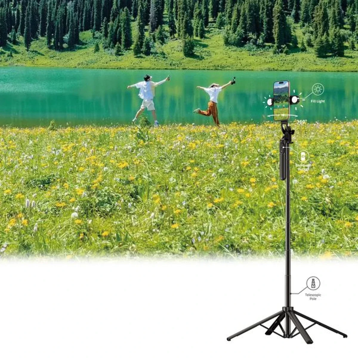 WIWU Wi-SE012 Bluetooth Selfie Stick Tripod with Fill Light and Remote Control - Black - Image 4