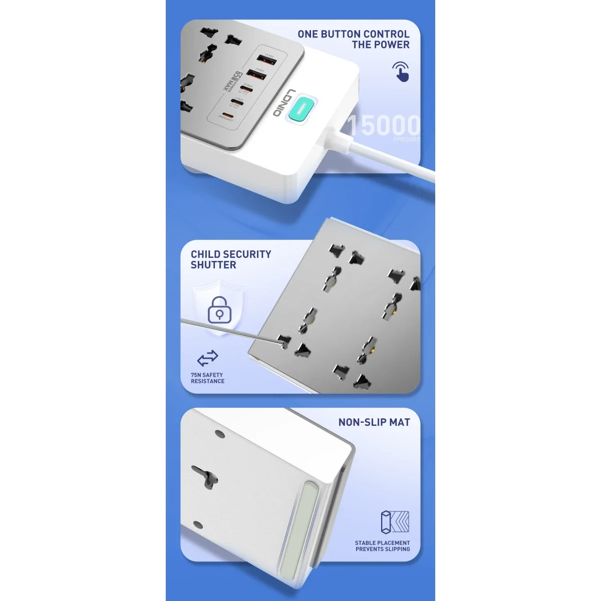 LDNIO SC4 13-in-1 65W GaN PD Power Strip with 8 AC Outlets, 2m Cable - Image 3