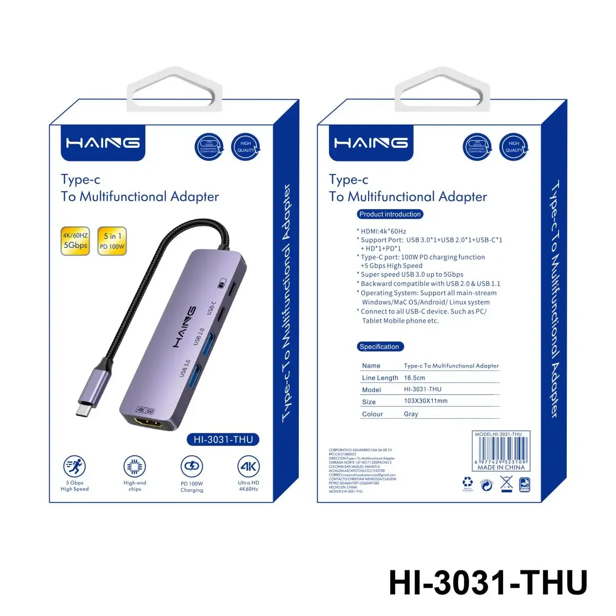 HAING HI-3031-THU USB-C 5-in-1 Multiport Adapter with 4K 60Hz HDMI and 100W PD - Thumbnail 2