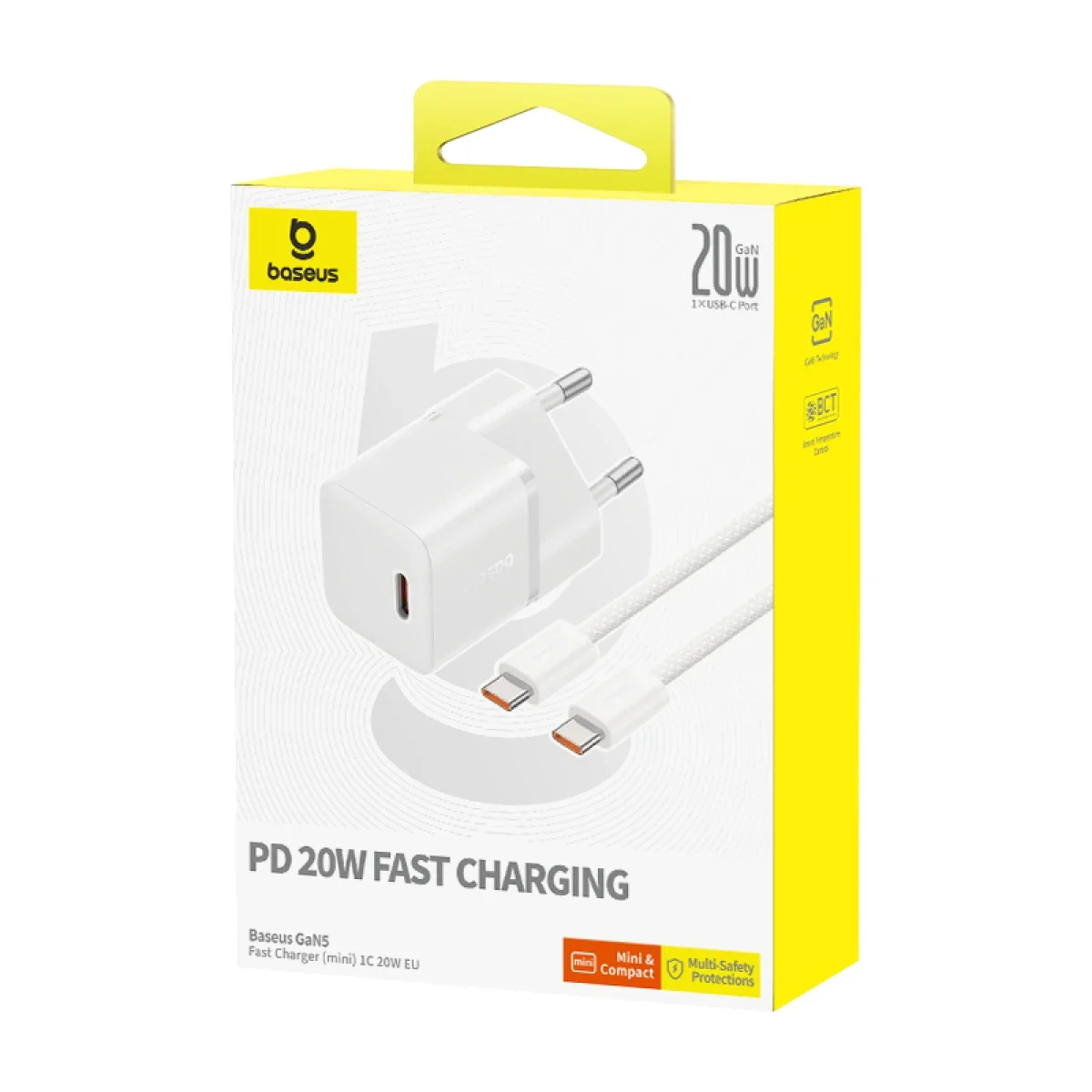 شاحن جداري Baseus GaN5 صغير سريع 1C بقدرة 20 واط EU مع كابل Dynamic 3 Series USB-C إلى USB-C بقدرة 100 واط 1 متر - أبيض قمري - Image 3
