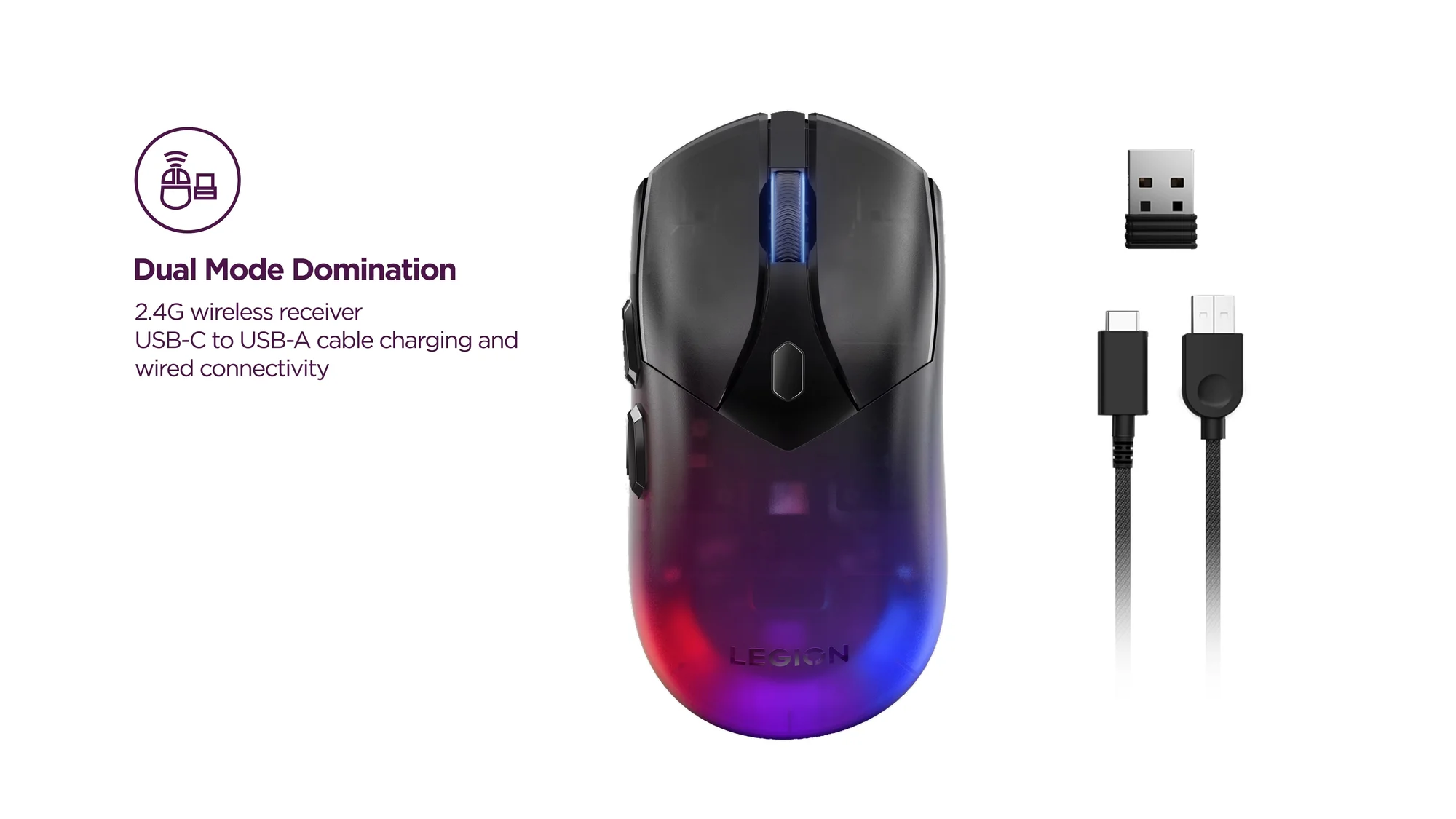 ماوس ألعاب Lenovo Legion M410 لاسلكي مزدوج الوضع، 16000 DPI، 6 أزرار - Thumbnail 9