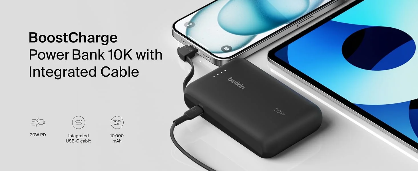 بطارية محمولة Belkin BoostCharge بسعة 10000mAh مع كابل USB-C مدمج وشحن PD بقوة 20W - أسود - Thumbnail 8