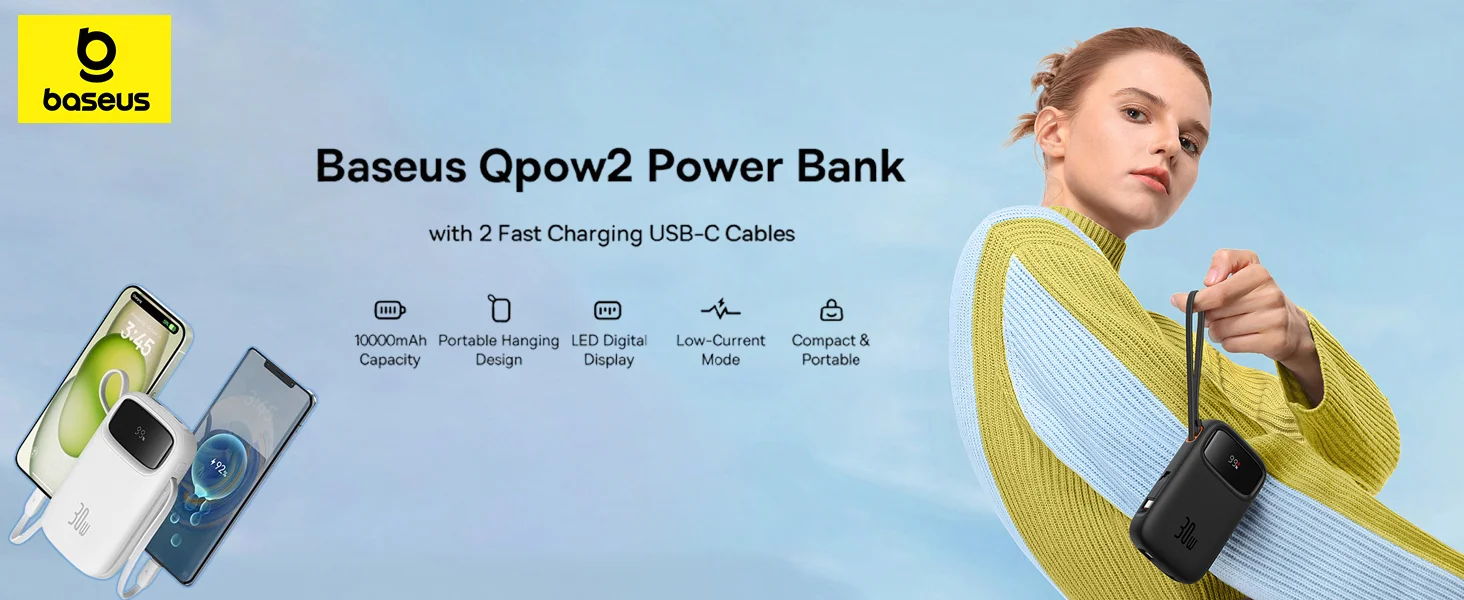 Baseus QPow2 10000mAh 30W Fast Charge Power Bank with Built-in Dual Type-C Cables - Black - Thumbnail 10