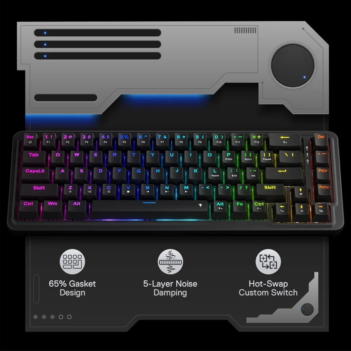 Redragon K709 NOVA 65% Wired RGB Mechanical Gaming Keyboard, 68 Keys, Black - Thumbnail 2