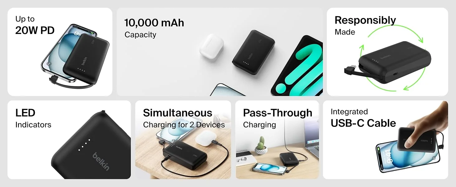 بطارية محمولة Belkin BoostCharge بسعة 10000mAh مع كابل USB-C مدمج وشحن PD بقوة 20W - أسود - Thumbnail 9