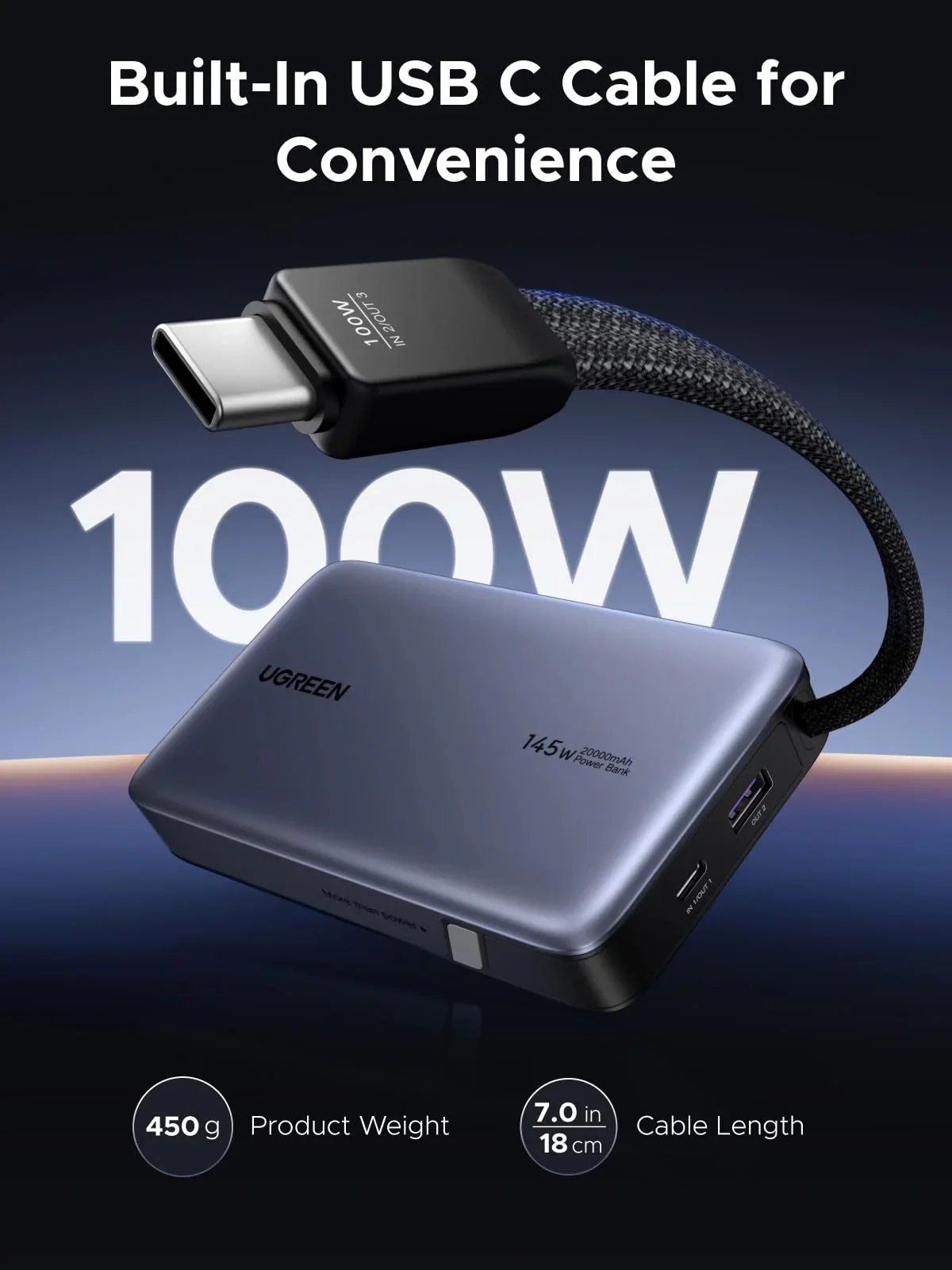 باور بانك Ugreen 55992B بسعة 20000mAh وقدرة 145W مع كابل USB-C مدمج - Image 2