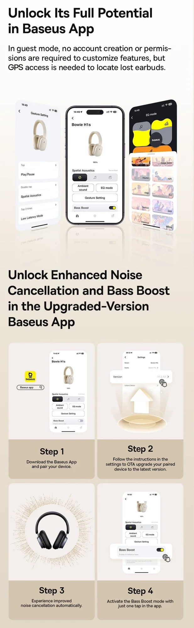 Baseus Bowie H1s Wireless Over-Ear Headphones with ANC, Bluetooth 5.4, 100H Battery - White - Thumbnail 15
