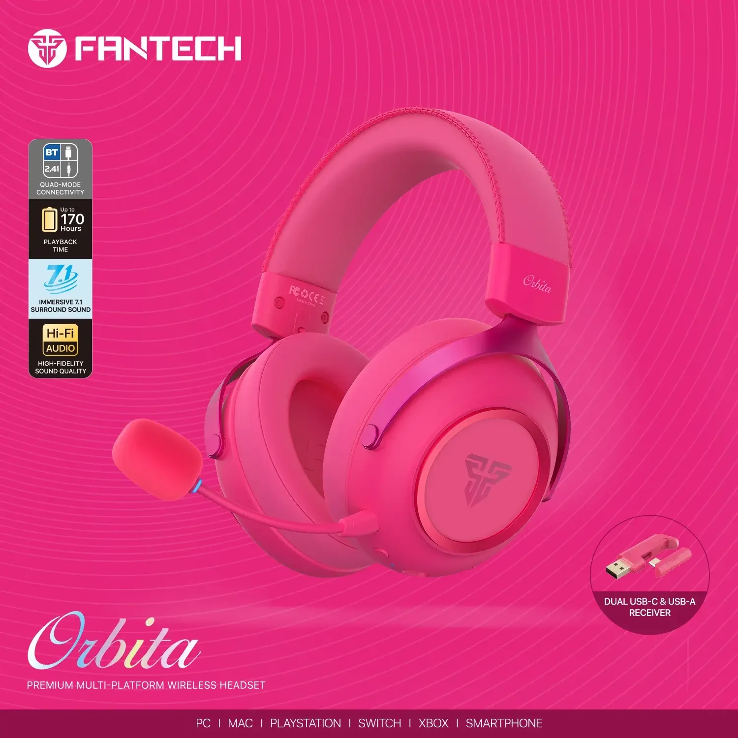 سماعة رأس ألعاب لاسلكية Fantech WHG07 ORBITA بصوت محيطي 7.1 إصدار Rosie - Image 3