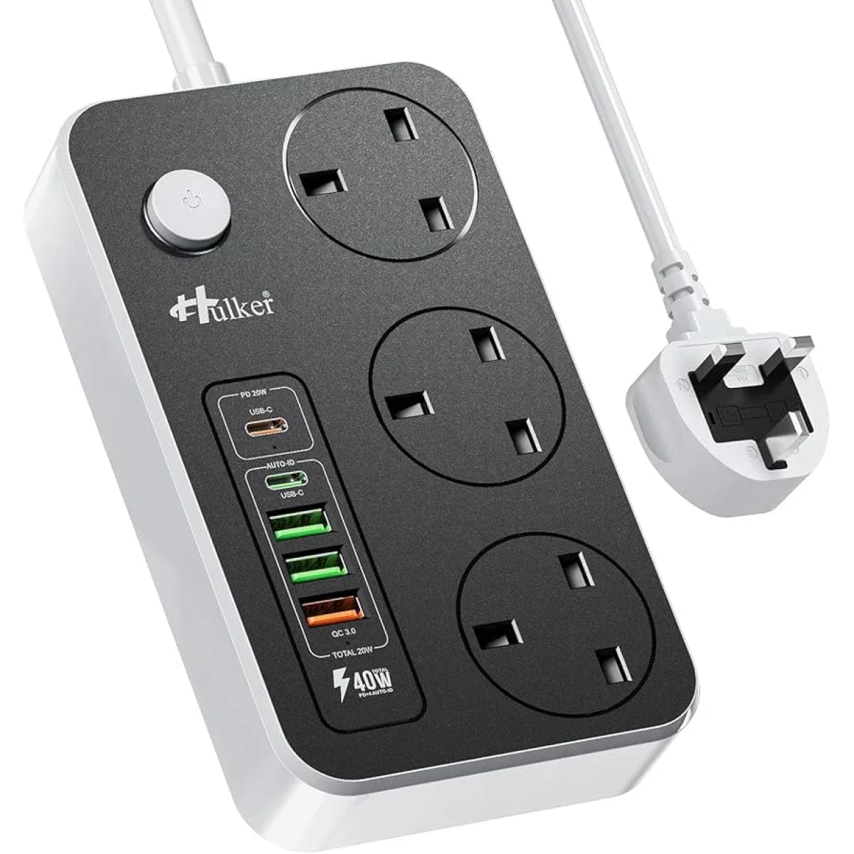 HAING 3-Way Fast Charging Power Socket with 3 USB Ports, USB-C Port & 2m UK Cable