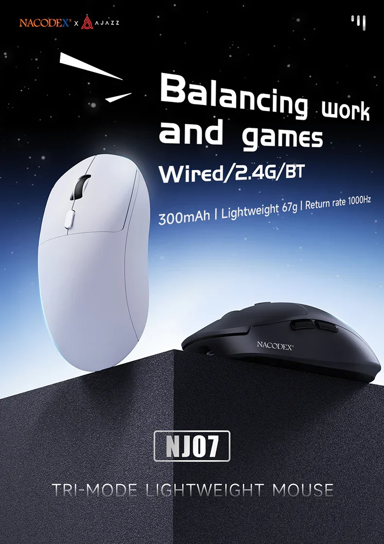 ماوس ألعاب AJAZZ NJ07 ثلاثي الاتصال، 12000 DPI، 1000Hz، بطارية 300mAh، أبيض - Image 17