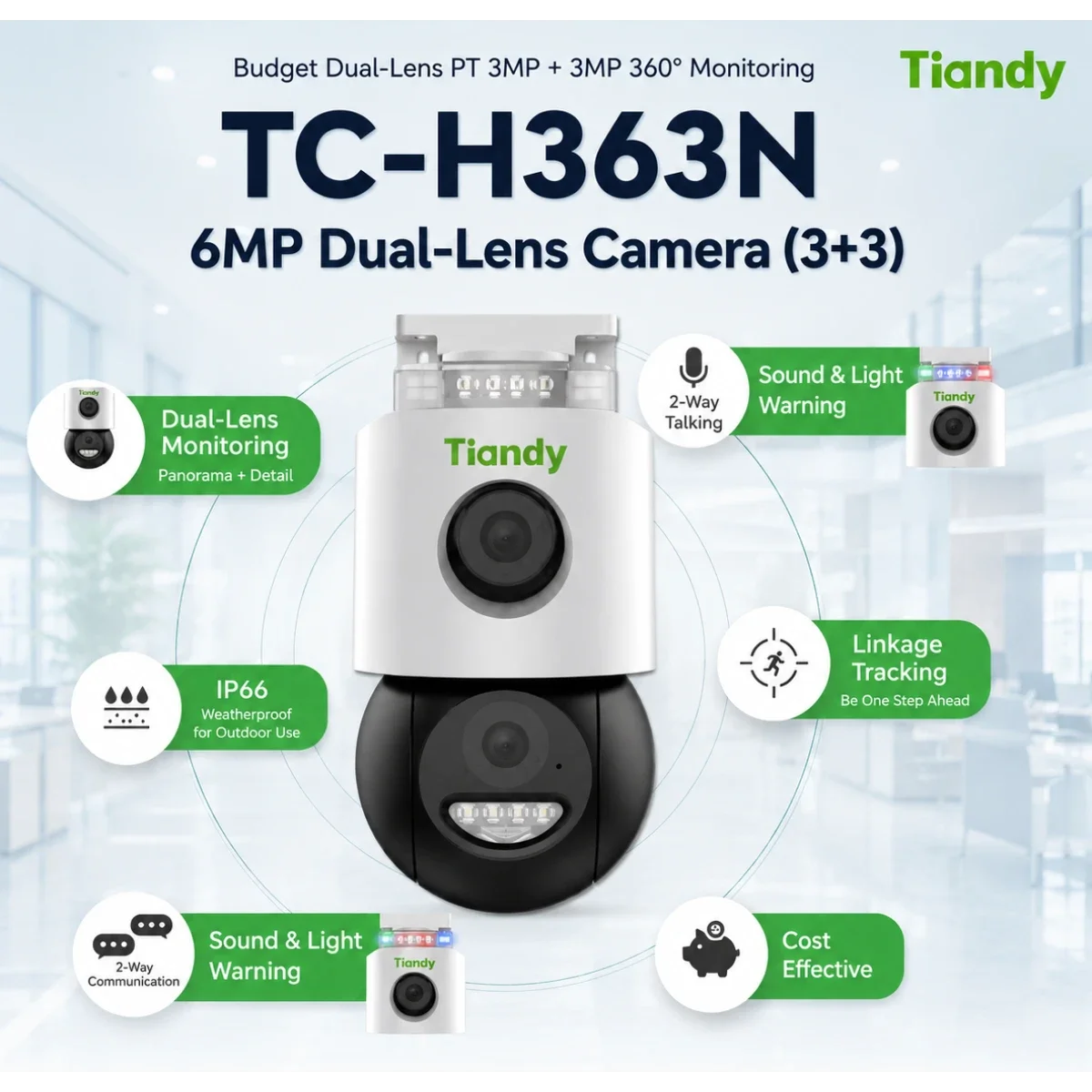 كاميرا مراقبة Tiandy TC-H363N بدقة 6MP مزدوجة القناة Wi-Fi PT بعدسة 4 مم