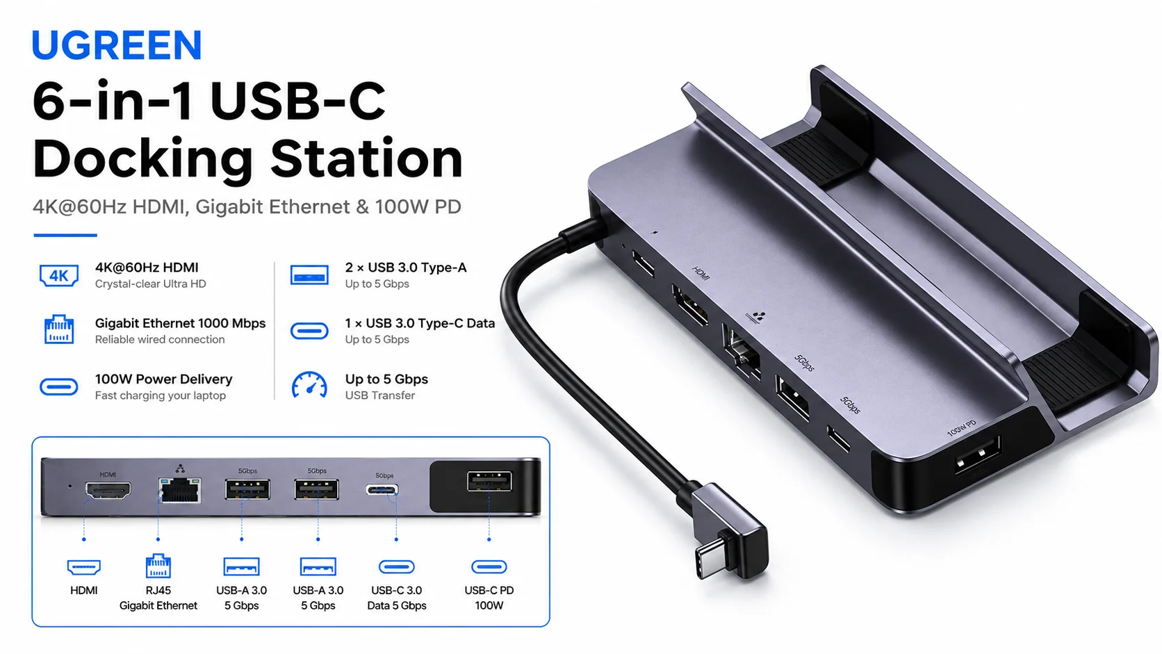 محطة إرساء Ugreen 15388 USB-C 6 في 1 مع HDMI بدقة 4K 60Hz وإيثرنت جيجابت وشحن PD بقوة 100 واط - Image 10