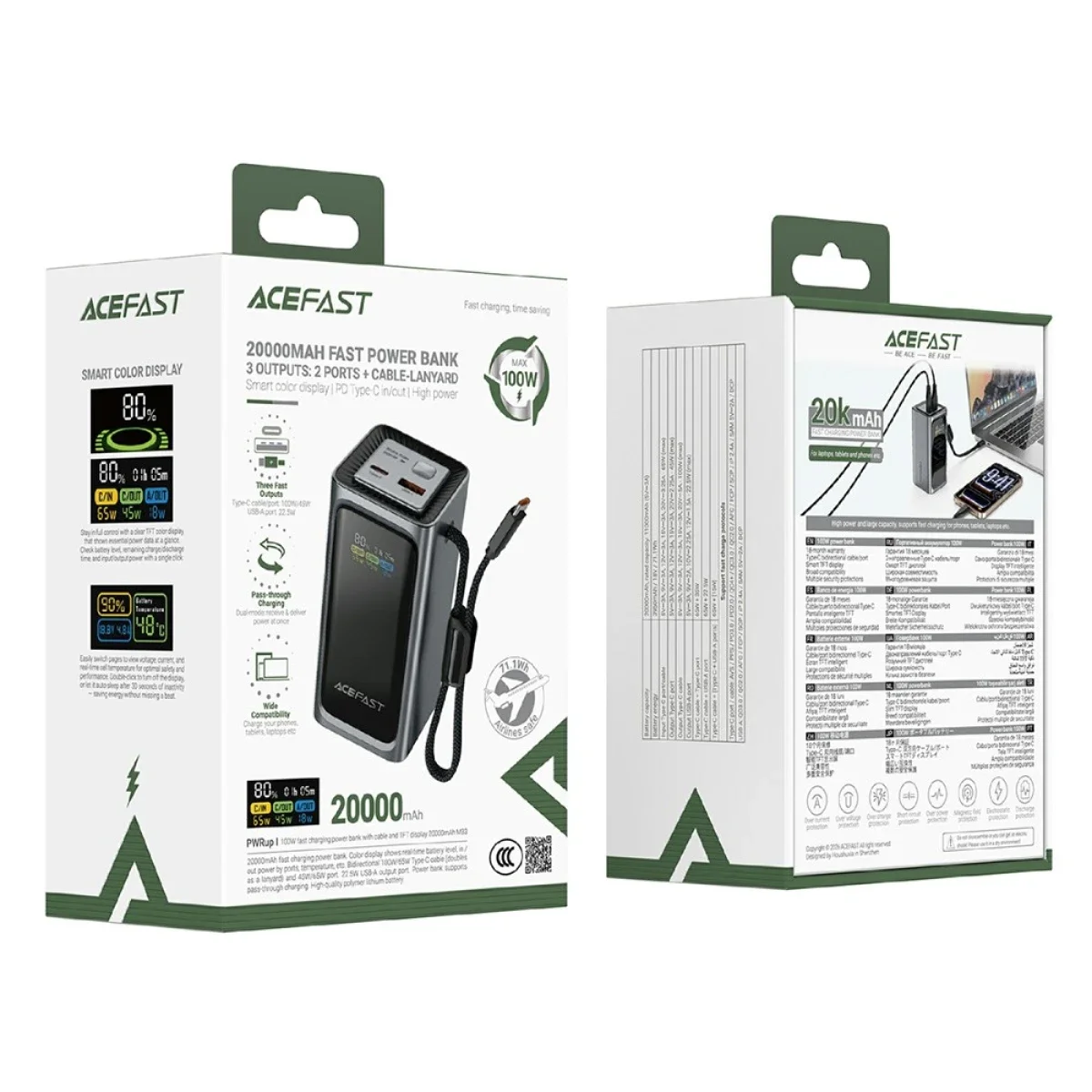 باور بانك ACEFAST M33 بسعة 20000mAh وقدرة 100W مع شاشة TFT 1.96 إنش وكابل USB-C مدمج - Image 9