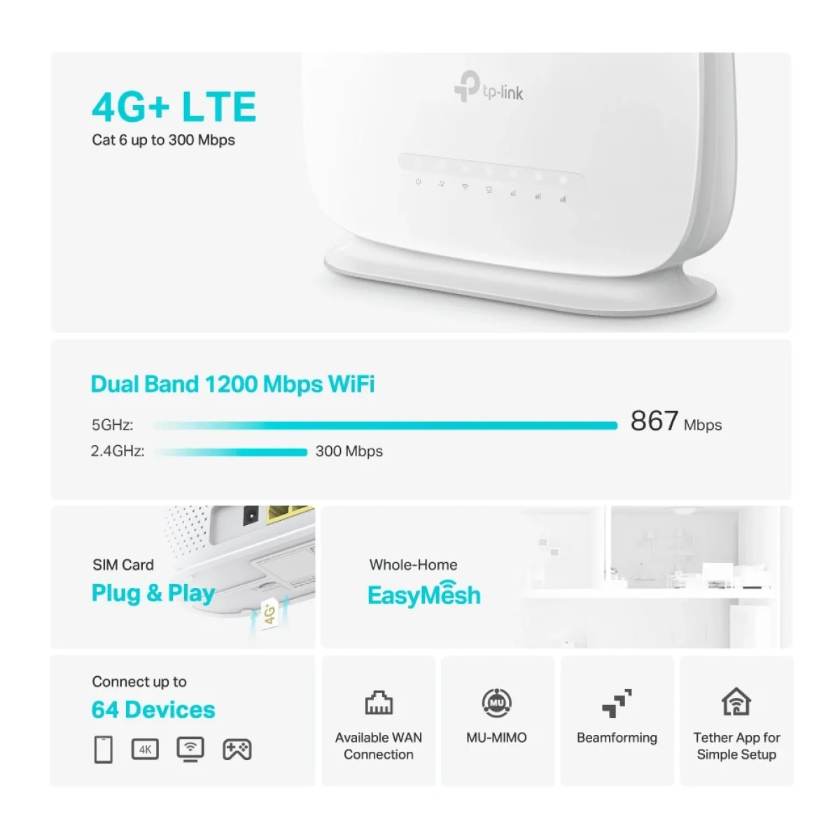 راوتر Wi‑Fi ‏4G+ Cat6 من TP-LINK Archer MR505 AC1200 مع منفذ جيجابت وفتحة SIM - Thumbnail 4