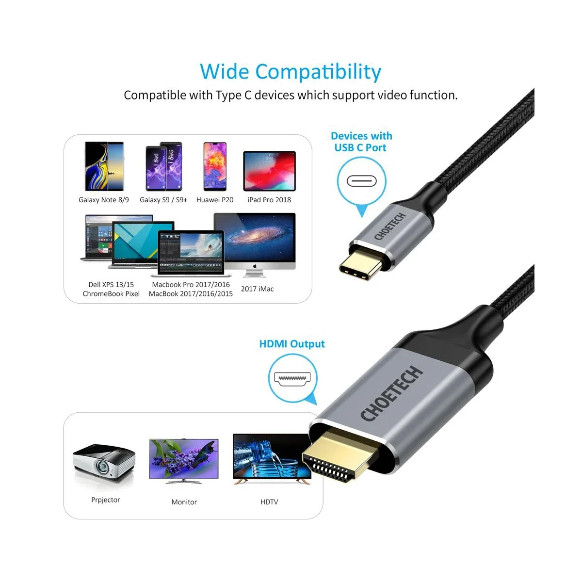 كابل Choetech USB-C إلى HDMI بطول 1.8 متر ودقة 4K 60Hz - Thumbnail 2