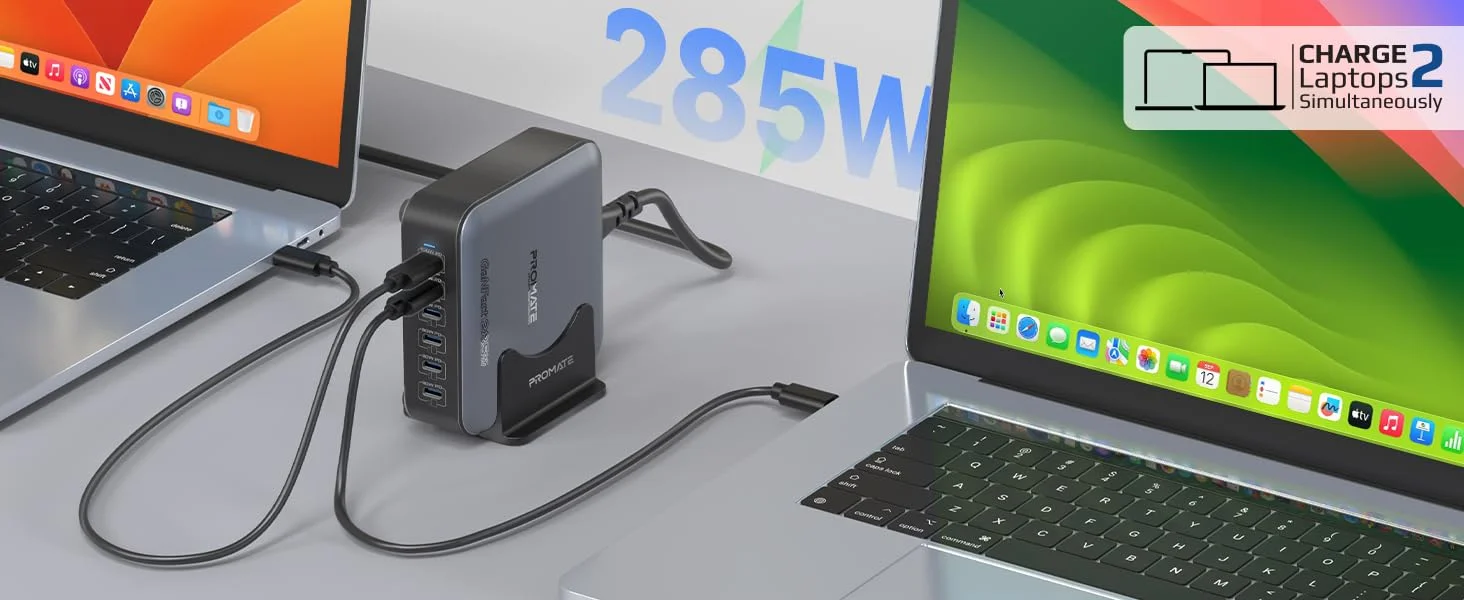 محطة شحن مكتبية Promate PowerBase-GaN285 بتقنية GaN بقدرة 285 واط و6 منافذ USB-C - أسود - Thumbnail 8