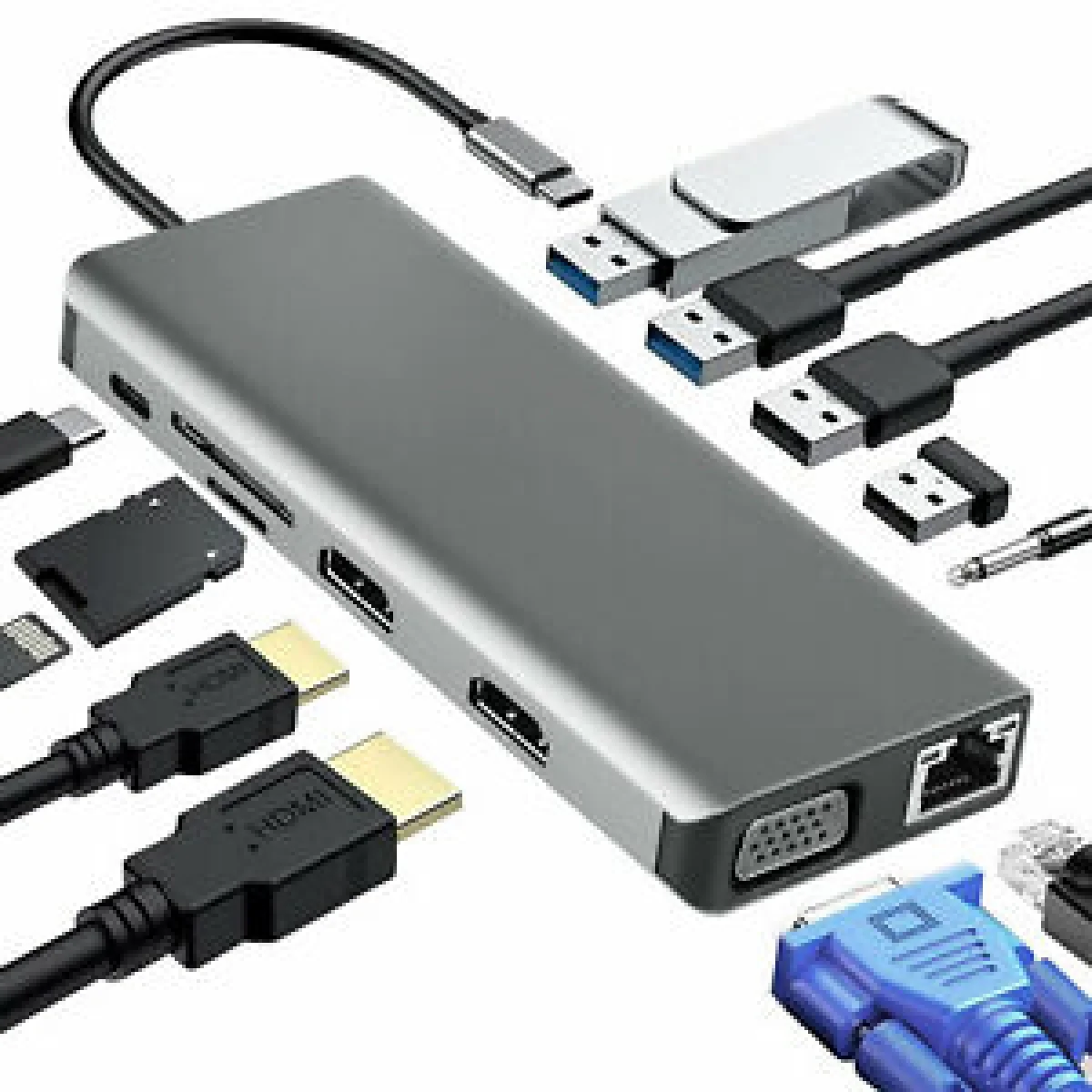 محطة إرساء CHINA USB-C مع منفذي HDTV ومنفذي USB 3.0 وVGA وSD/TF وLAN