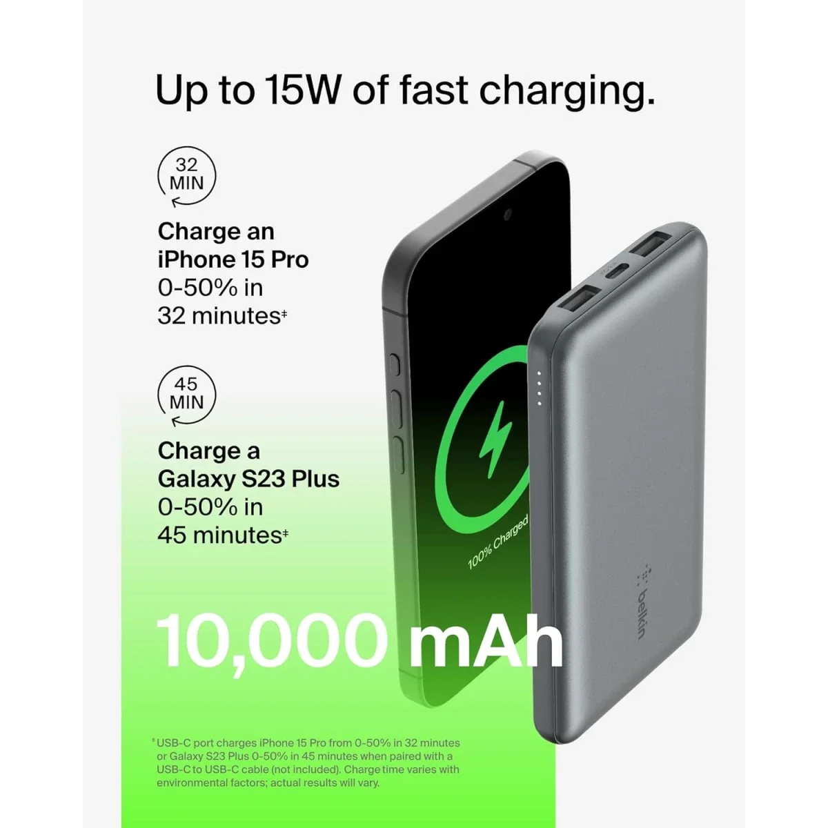 Belkin BoostCharge 10000mAh USB-C Power Bank with 2 USB-A Ports, 15W, Gray - Thumbnail 3