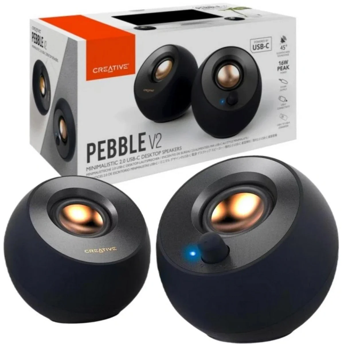 Creative Pebble V2 2.0 USB-C Powered Desktop Speakers with 3.5mm AUX-In, 8W RMS - Black