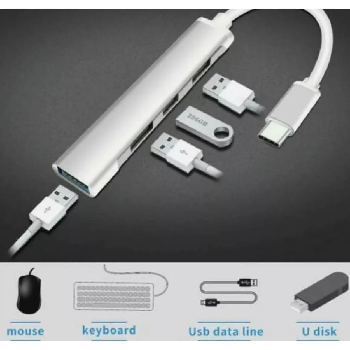 USB Type-C 4-Port USB 3.0 Hub Adapter, Metal Silver - Thumbnail 7
