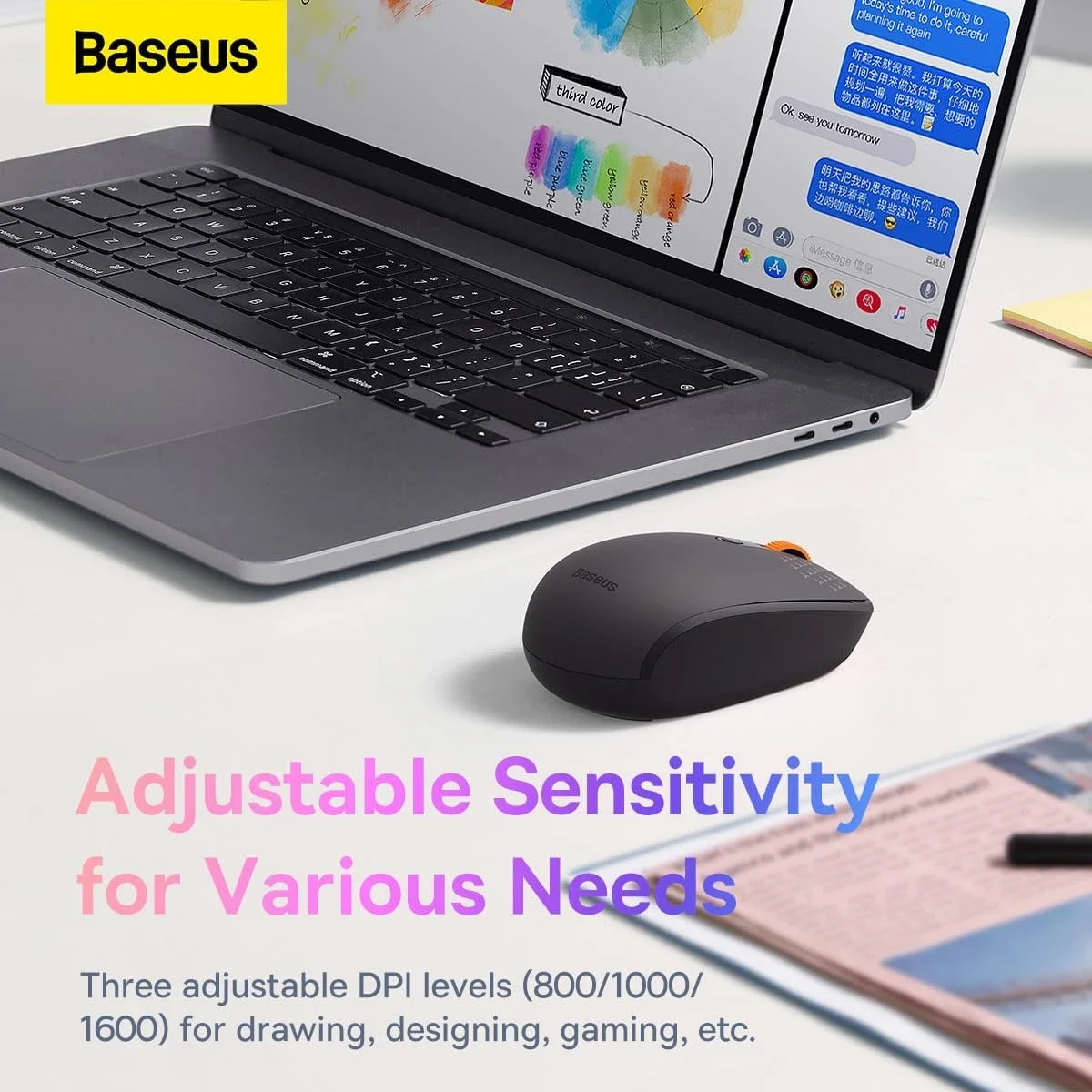 ماوس Baseus F01B لاسلكي ثلاثي الوضع بأزرار صامتة ودقة 800/1000/1600 DPI، رمادي - Image 5